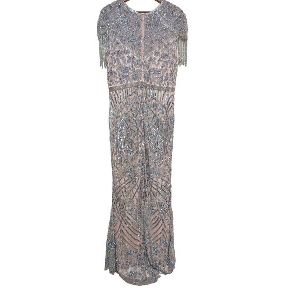 Mac Duggal Beaded Fringe Gown Size 14 – Nude Silver Embellished Maxi Dress NWT - Picture 6 of 10